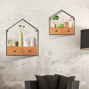 Set of 2 Wood and Black Metal Wall-Mounted Display Bookshelf with 2 Drawers, Wall Shelves Organizer