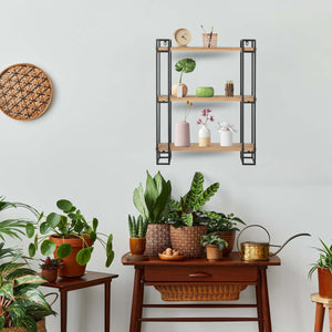 30H Wood and Black Metal Wall-Mount Display Shelf, Wall Shelves Organizer