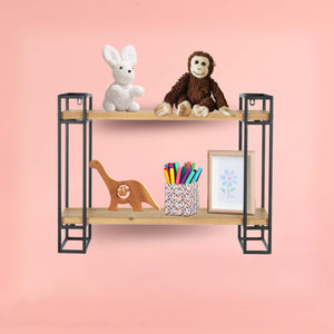 18H Wood and Black Metal Wall-Mount Display Shelf, Wall Shelves Organizer