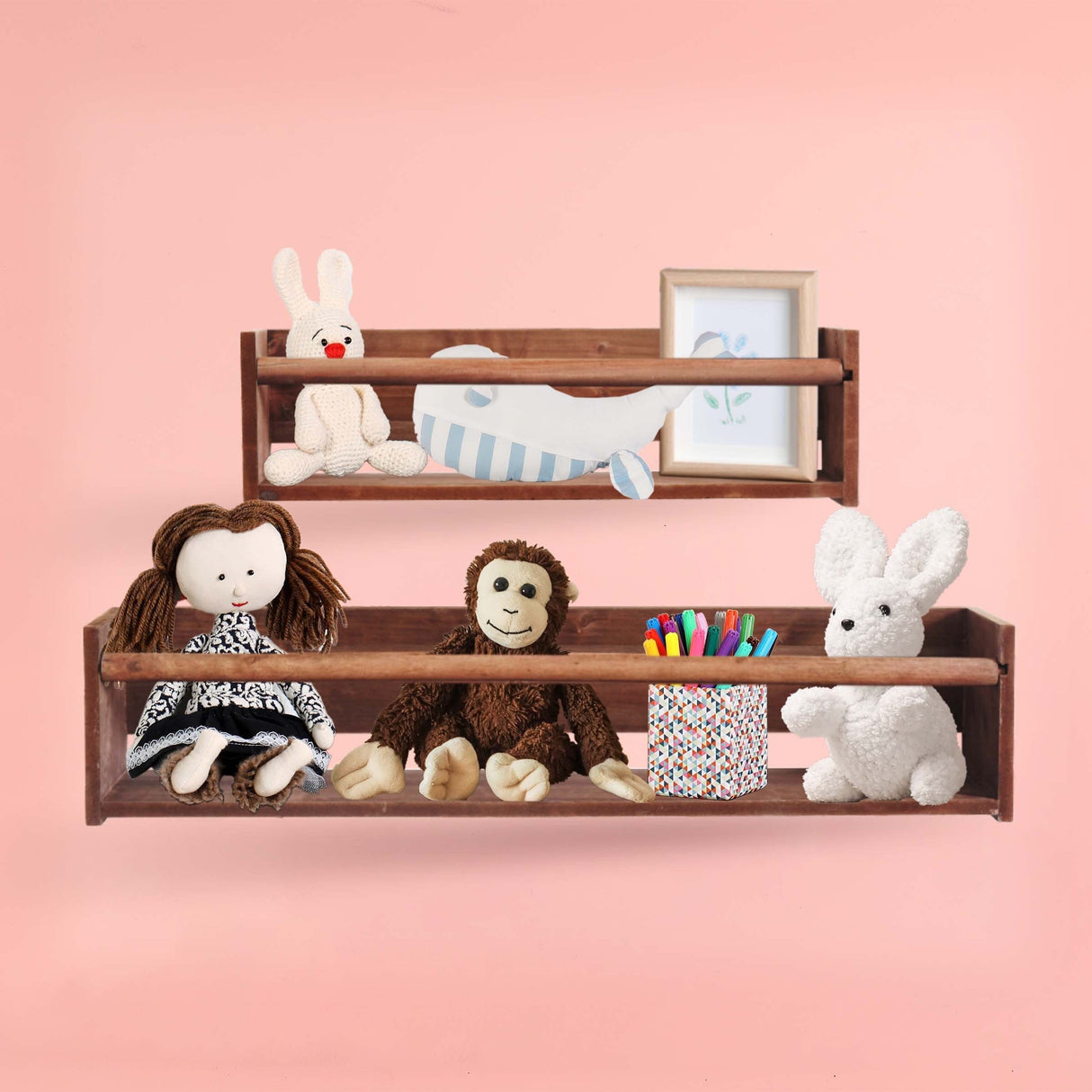 Wood Floating Wall Shelves Set of 2, Wall Shelves Organizer (Dark Stain)