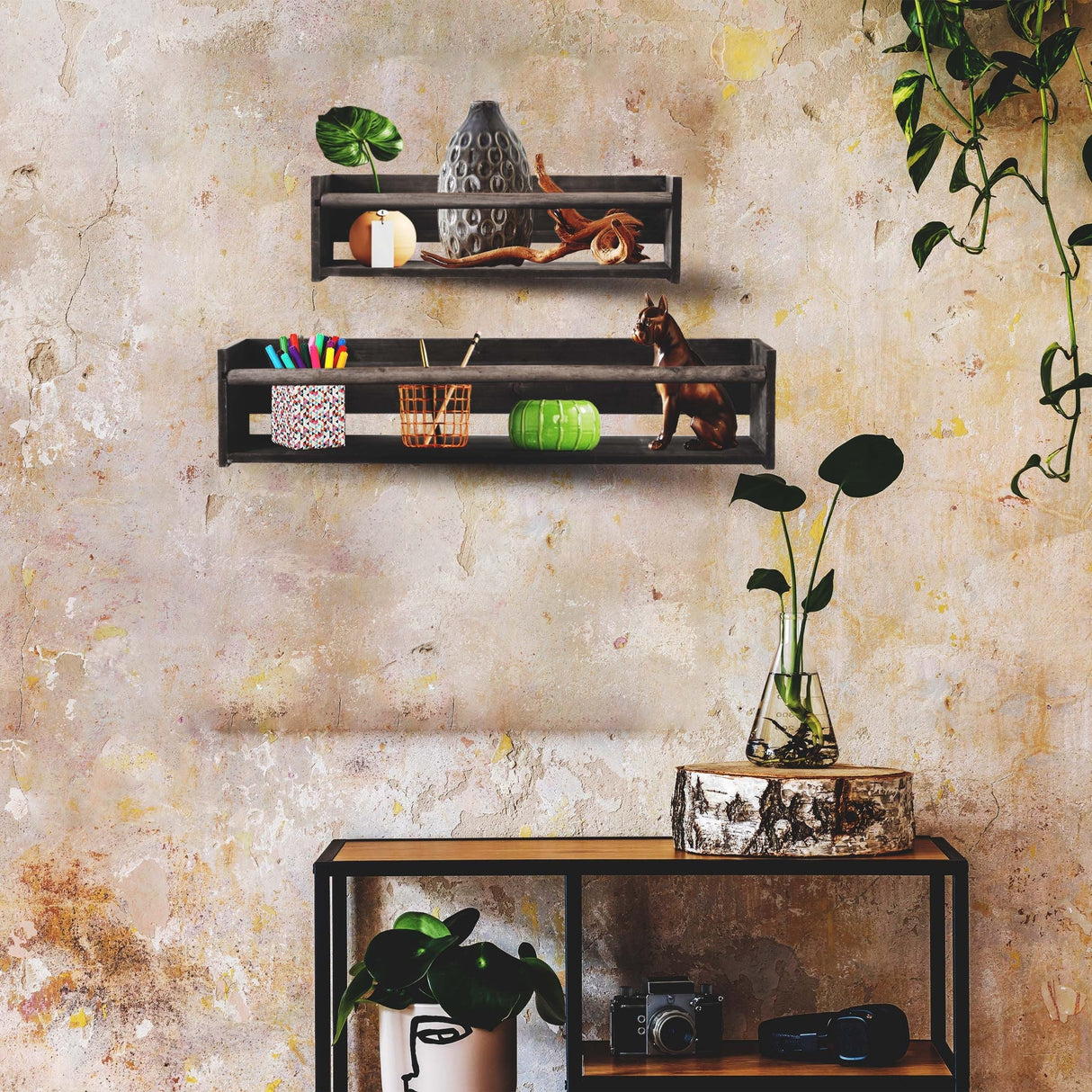 Wood Floating Wall Shelves Set of 2, Wall Shelves Organizer (Distressed Gray)