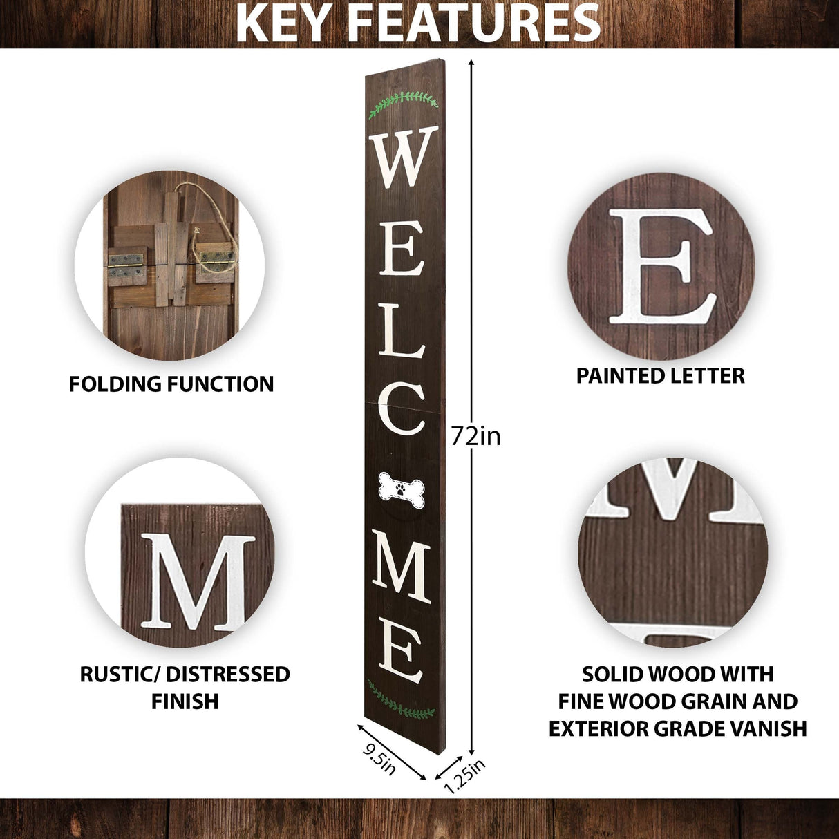72in Outdoor Welcome Sign for Front Door with Dog Bone Paw, 6ft Brown Welcome Sign,Rustic Tall Welcome Sign for Front Porch Decor
