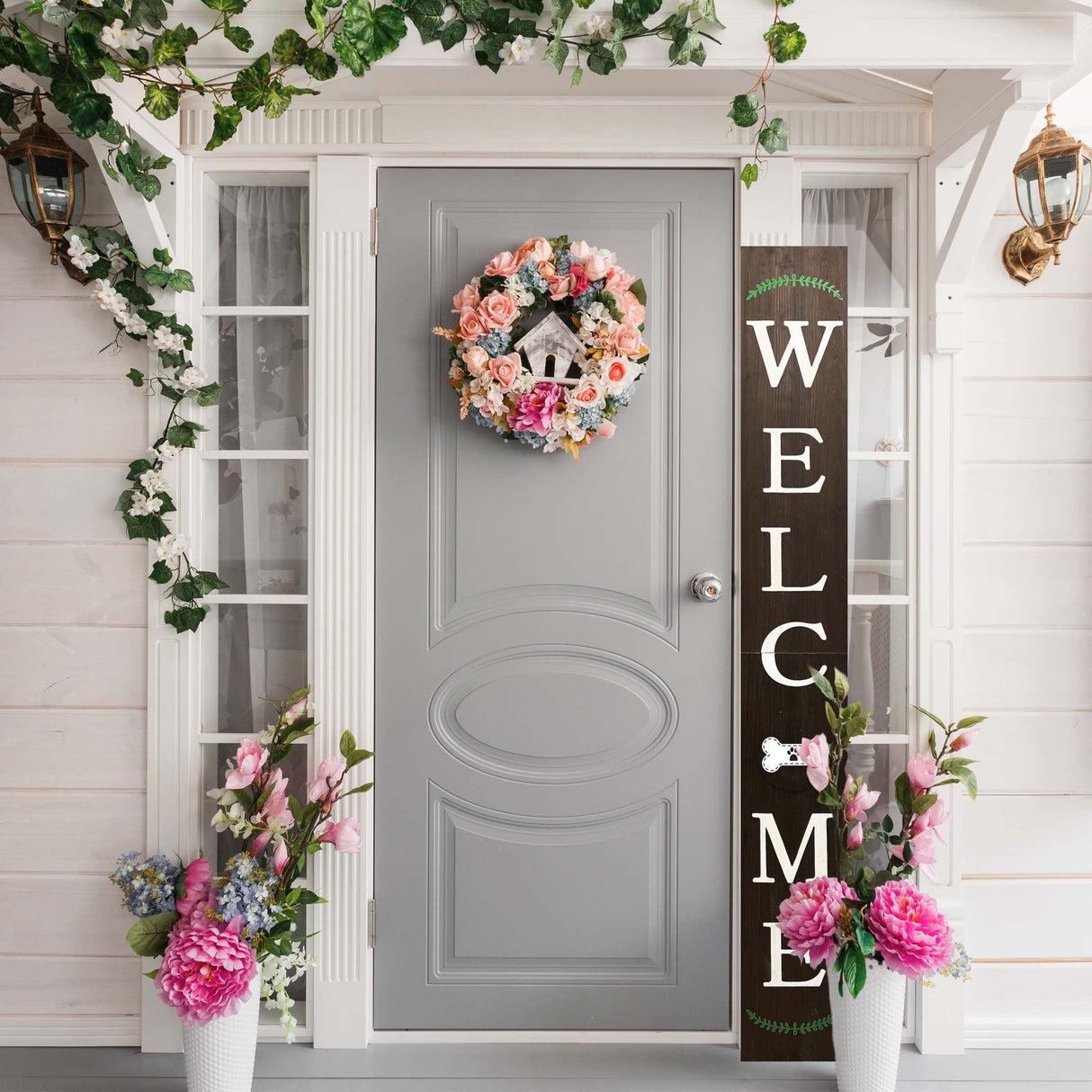 72in Outdoor Welcome Sign for Front Door with Dog Bone Paw, 6ft Brown Welcome Sign,Rustic Tall Welcome Sign for Front Porch Decor