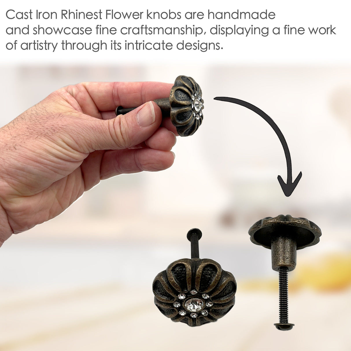 Cast Iron Rhinest Flower Cabinet Knobs 6 Pack Knobs for Cabinets and Drawers, Closet Door Knobs, Drawer Pulls and Knobs with Mounting Screws