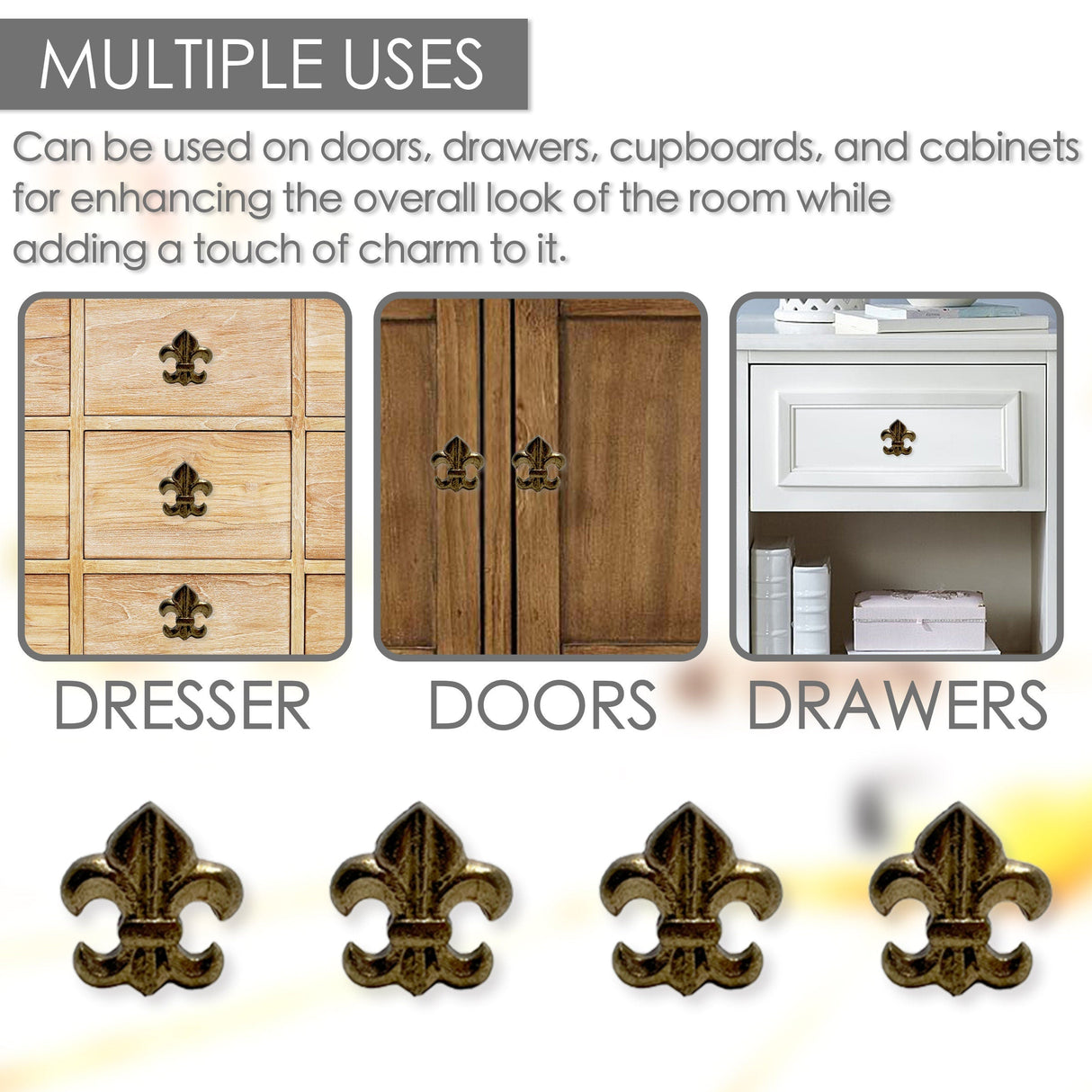 Brass Fleur De Lis Cabinet Knobs 6 Pack Knobs for Cabinets and Drawers, Closet Door Knobs, Drawer Pulls and Knobs with Mounting Screws