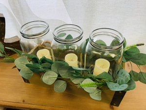 LED Wooden Box Centerpiece with Greenery, Mason Jar Centerpiece, Farmhouse Arrangement for Home, Wedding, Birthday