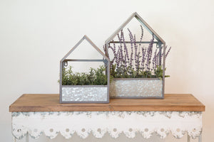 Set of 2 Metal House Shaped Planters, Rustic Home Decor