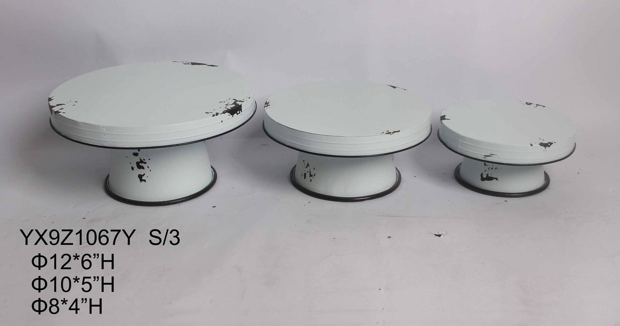 White Distressed Enamel Pedestal Server Set - 3 Piece Farmhouse Decor