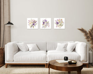 12in Spring Floral Paint Set of 3 - Watercolor Spring Flowers, Purple Watercolor Flowers Paint Wall Art