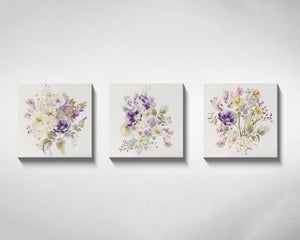 12in Spring Floral Paint Set of 3 - Watercolor Spring Flowers, Purple Watercolor Flowers Paint Wall Art