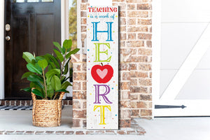 Teaching is a Work of Heart Porch Sign - 36" x 9.25" Apple Pattern Wooden Front Door Wall Decor - Handcrafted Home Decoration for Teachers