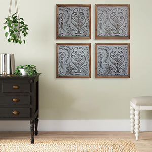 Elegant Framed Wood Plaques Set of 4 | Pressed Tin Wall Art in Warm Brown Tone | Home & Office Decor