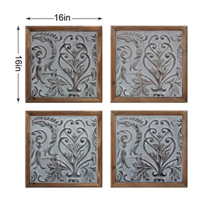 Elegant Framed Wood Plaques Set of 4 | Pressed Tin Wall Art in Warm Brown Tone | Home & Office Decor