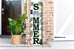 36in Tropical Summer Porch Sign with Palm Leaf & Slippers Pattern for Front Door, Wooden 36-inch Beach-Themed Entryway Decor