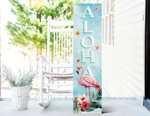 36in Aloha Welcome Porch Sign with Flamingo Pattern for Front Door, Tropical Summer Wall Decor, Outdoor Summer Beach Vibes Display