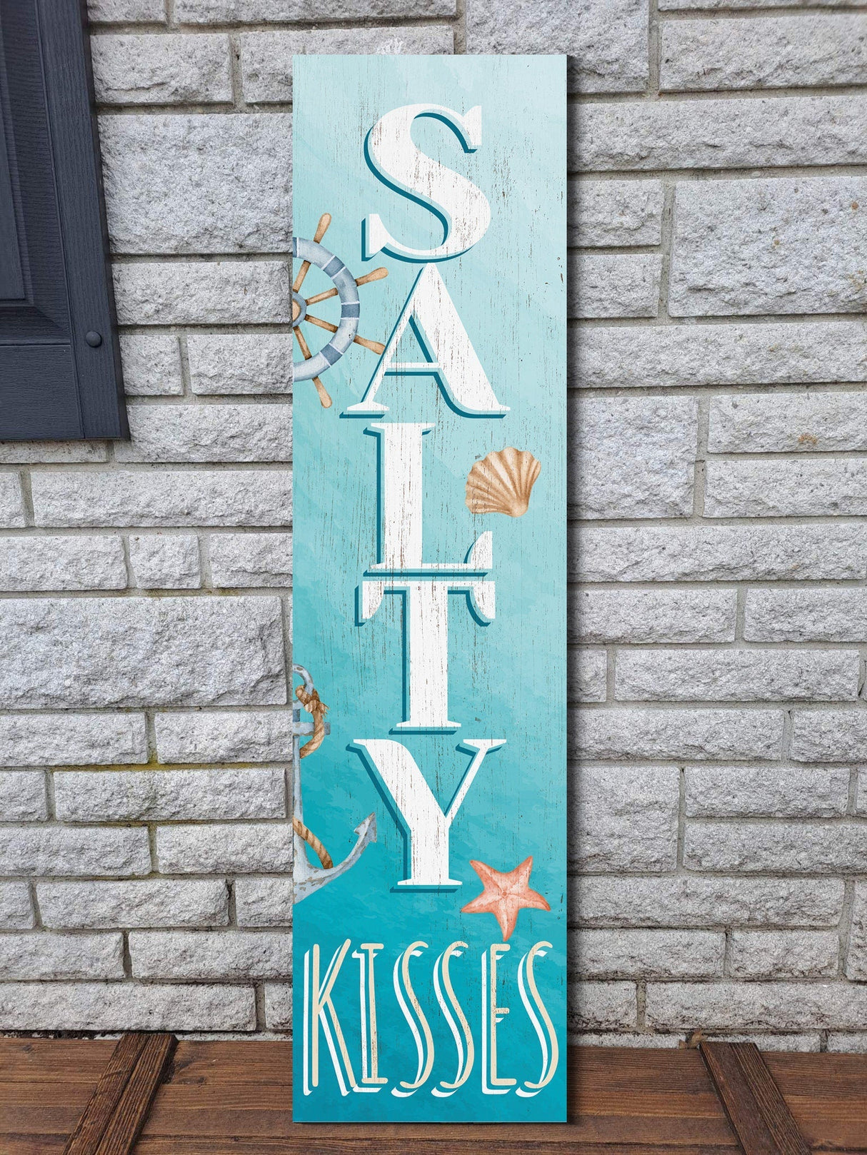36in Salty Kisses Porch Sign for Front Door - Tropical Wooden Wall Decor, Outdoor Summer Beach Inspired Display