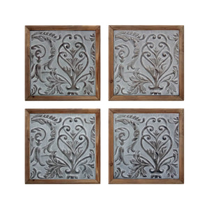 Elegant Framed Wood Plaques Set of 4 | Pressed Tin Wall Art in Warm Brown Tone | Home & Office Decor