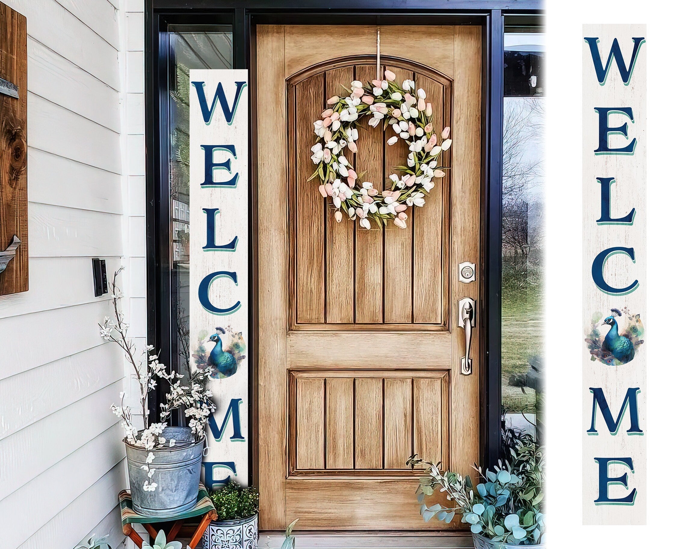 72in-Tall-Wooden-Welcome-Porch-Sign-with-Watercolor-Peacock-Pattern-Elegant-Outdoor-Decoration-