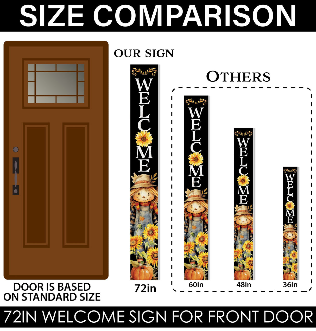 72in Welcome Sign for Front Door - Scarecrow Sunflower Design Perfect for Fall, Harvest, and Thanksgiving Celebrations