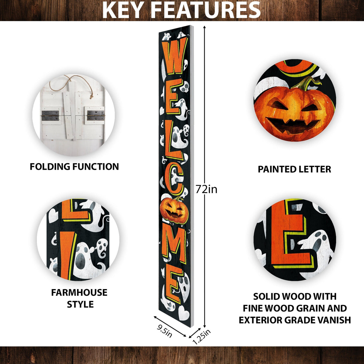 72-Inch Wooden Halloween Welcome Sign with Ghost Pattern and Jack O'Lantern - Spooky Front Door Decoration for Porch, Entryway
