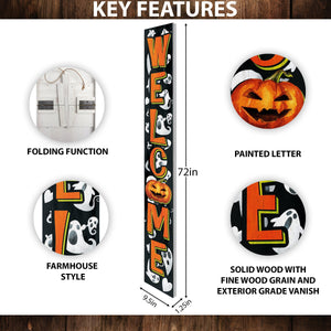 72-Inch Wooden Halloween Welcome Sign with Ghost Pattern and Jack O'Lantern - Spooky Front Door Decoration for Porch, Entryway