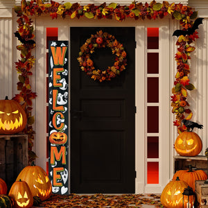 72-Inch Wooden Halloween Welcome Sign with Ghost Pattern and Jack O'Lantern - Spooky Front Door Decoration for Porch, Entryway