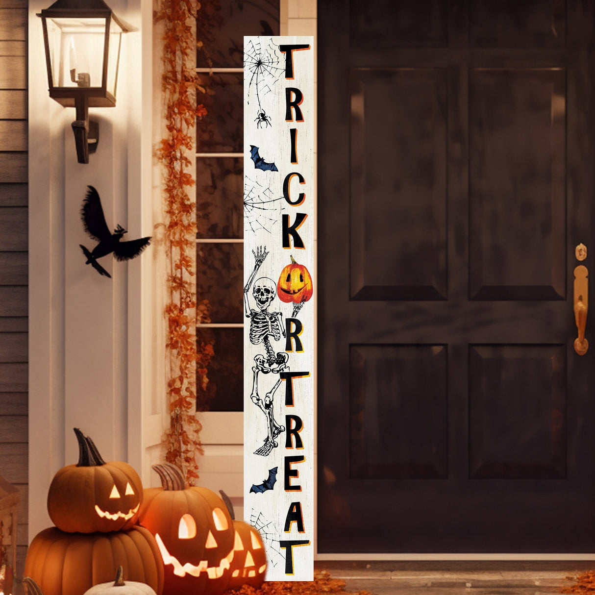 72-Inch Wooden "Trick or Treat" Skeleton Welcome Sign - Spooky Front Door Decoration  Rustic Halloween Accessory for Porch, Entryway