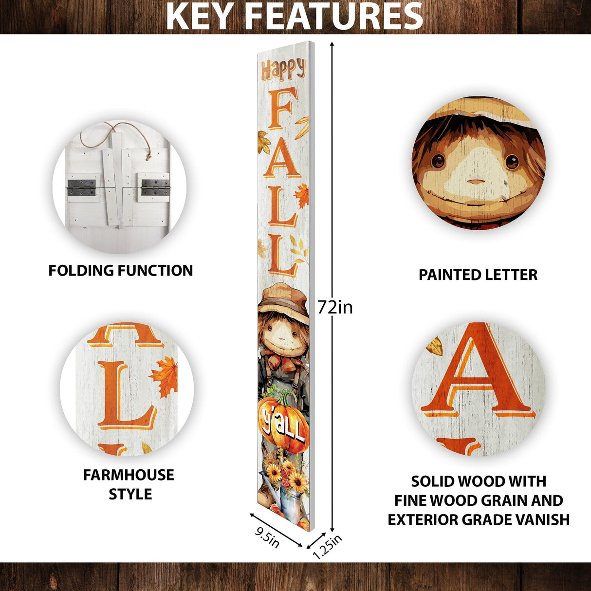72in "Happy Fall Y'all" Porch Sign - Outdoor Decor for Front Door, Autumn, Harvest, and Thanksgiving Day Celebrations
