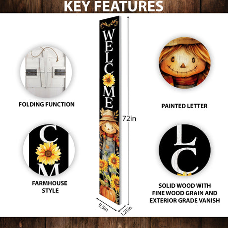 72in Welcome Sign for Front Door - Scarecrow Sunflower Design Perfect for Fall, Harvest, and Thanksgiving Celebrations