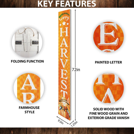 72In "Happy Harvest" Fall Porch Sign With Scarecrow Design - Porch Decor For Front Door During Autumn And Thanksgiving Celebrations
