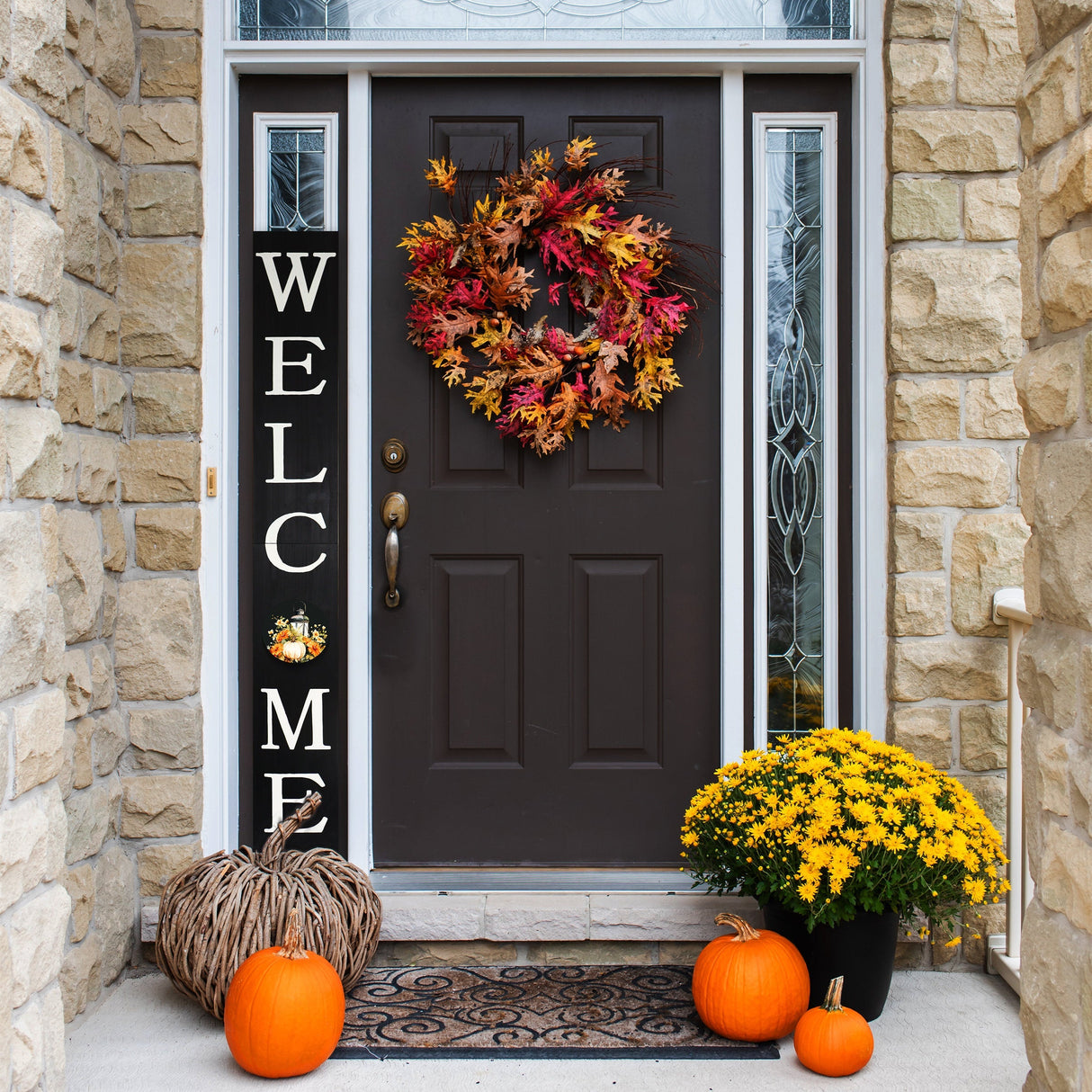 72in "Welcome" Fall Porch Sign with Lantern Design - Black Porch Board Decor for Front Door during Autumn and Thanksgiving Celebrations