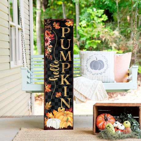 36in Hello Pumpkin Fall Sign - Vintage Autumn Decoration for Front Porch, Rustic Modern Farmhouse Fall Decor