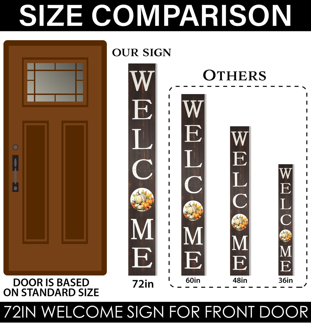 72in "Welcome" Fall Porch Sign with Pumpkins Design - Brown Porch Board Decor for Front Door during Autumn and Thanksgiving Celebrations