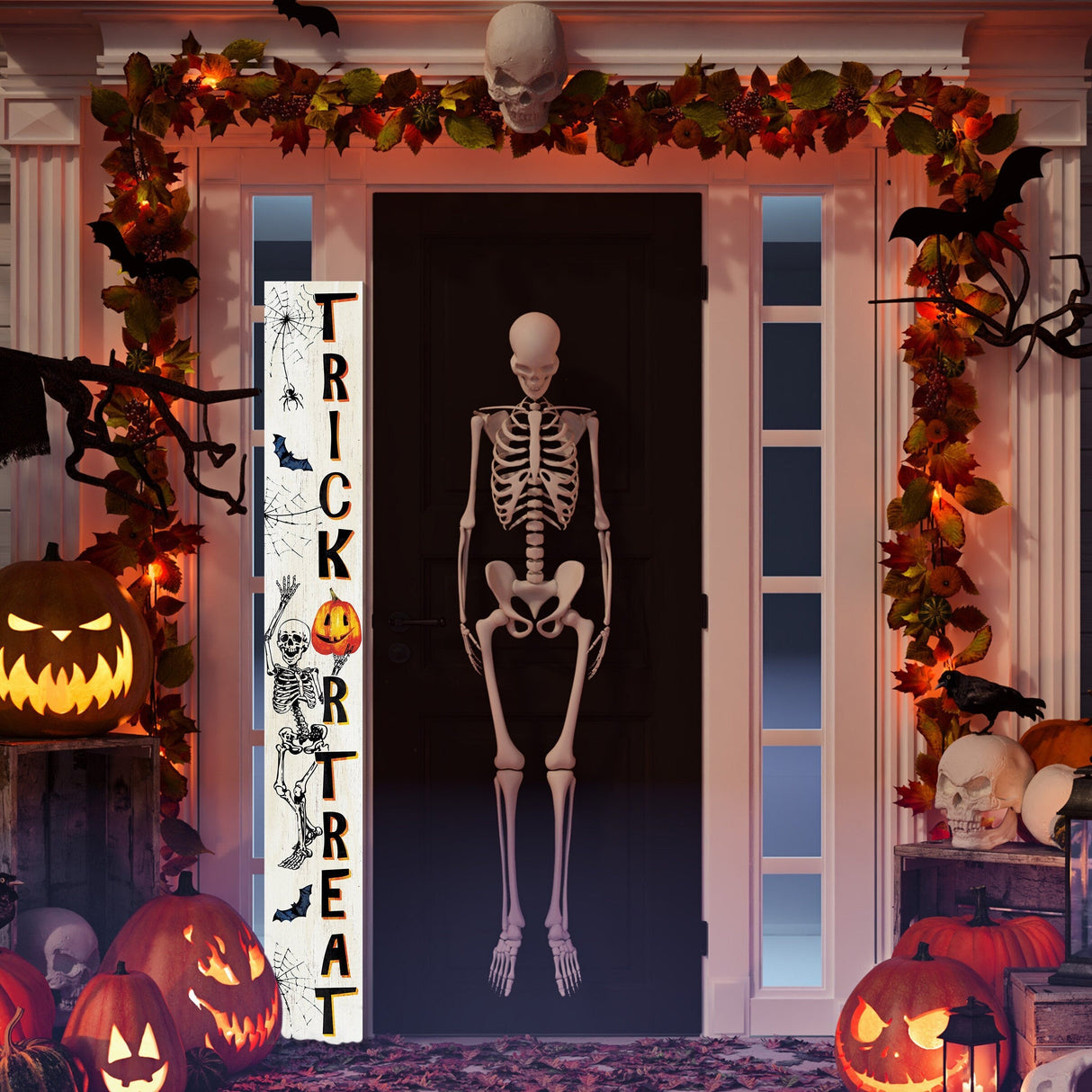 72-Inch Wooden "Trick or Treat" Skeleton Welcome Sign - Spooky Front Door Decoration  Rustic Halloween Accessory for Porch, Entryway