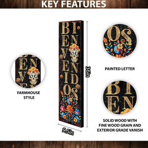 36in 'Bienvenidos' Sugar Skull Porch Sign - Dia De Los Muertos Porch Sign, Rustic Modern Farmhouse Entryway Decor