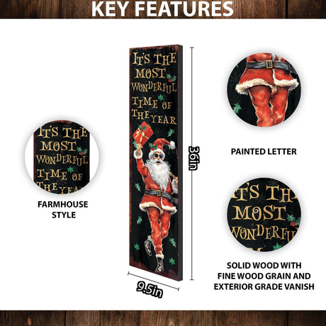 36in Dancing Santa Christmas Porch Sign - Front Porch Christmas Welcome Sign, Rustic Modern Farmhouse Entryway Board