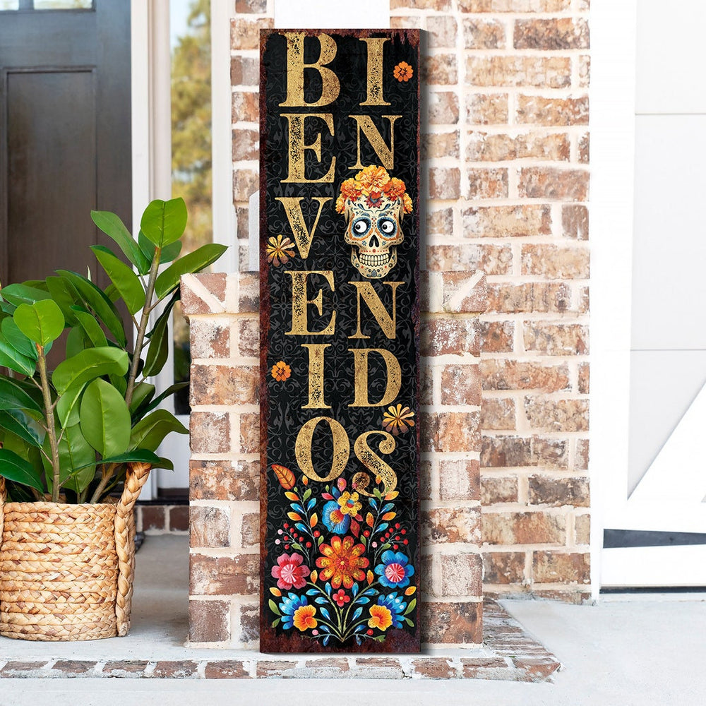 36in 'Bienvenidos' Sugar Skull Porch Sign - Dia De Los Muertos Porch Sign, Rustic Modern Farmhouse Entryway Decor