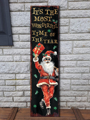 36in Dancing Santa Christmas Porch Sign - Front Porch Christmas Welcome Sign, Rustic Modern Farmhouse Entryway Board