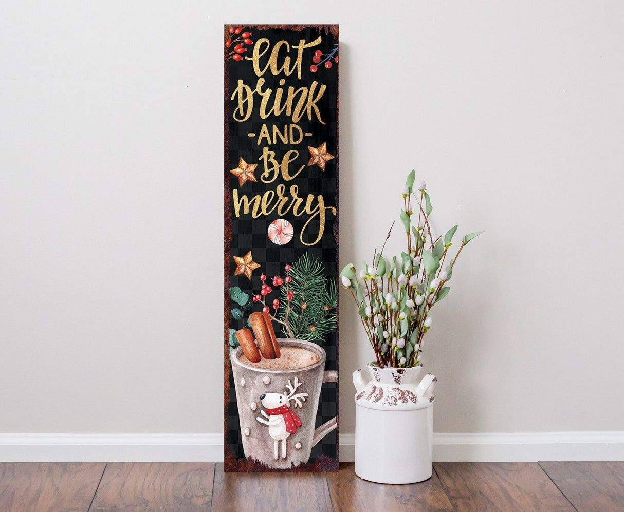 36in Eat, Drink, and Be Merry Christmas Porch Sign - Front Porch Christmas Welcome Sign, Rustic Modern Farmhouse Entryway Board