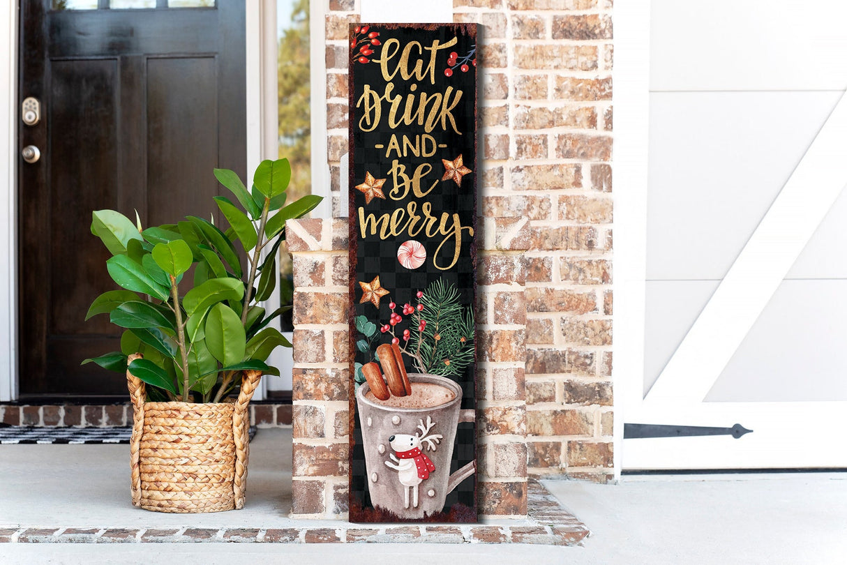 36in Eat, Drink, and Be Merry Christmas Porch Sign - Front Porch Christmas Welcome Sign, Rustic Modern Farmhouse Entryway Board