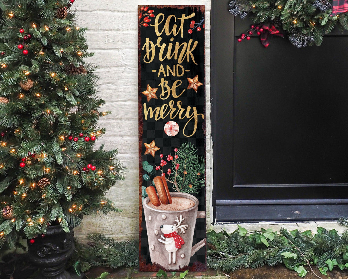 36in Eat, Drink, and Be Merry Christmas Porch Sign - Front Porch Christmas Welcome Sign, Rustic Modern Farmhouse Entryway Board