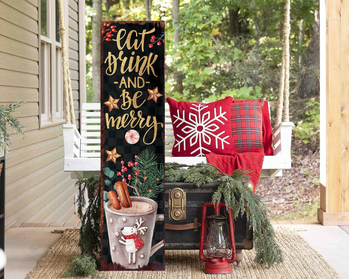 36in Eat, Drink, and Be Merry Christmas Porch Sign - Front Porch Christmas Welcome Sign, Rustic Modern Farmhouse Entryway Board