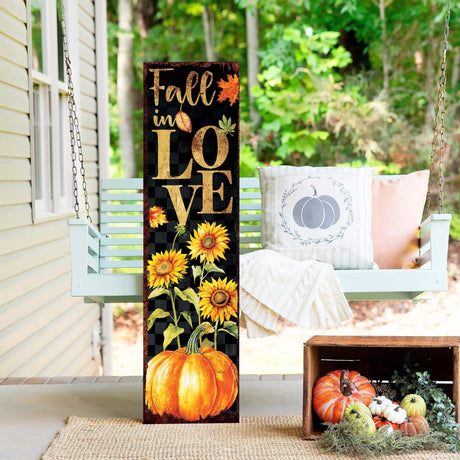 36in Fall in Love Porch Sign - Front Porch Fall Welcome Sign, Vintage Autumn Decoration, Rustic Modern Farmhouse Entryway Porch Decor