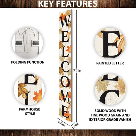 72in Welcome Fall Porch Sign - Front Porch Autumn Welcome Sign, Rustic Modern Farmhouse Entryway Board