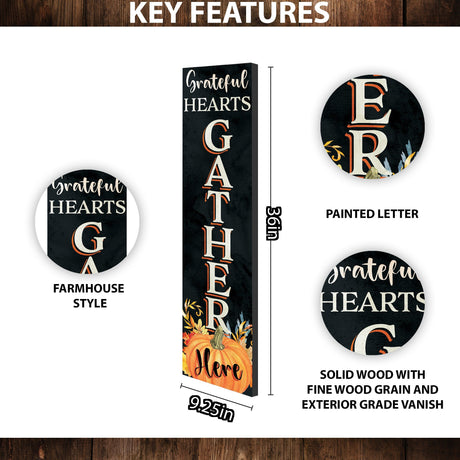 36in "Grateful Hearts Gather Here" Fall Porch Sign - Rustic Wooden Decor for Front Door Display during Autumn Celebrations