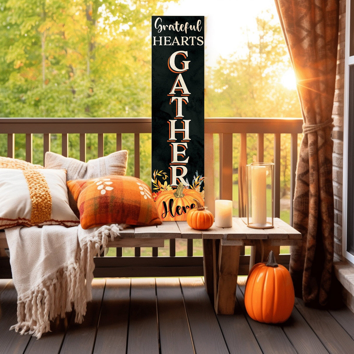 36in "Grateful Hearts Gather Here" Fall Porch Sign - Rustic Wooden Decor for Front Door Display during Autumn Celebrations