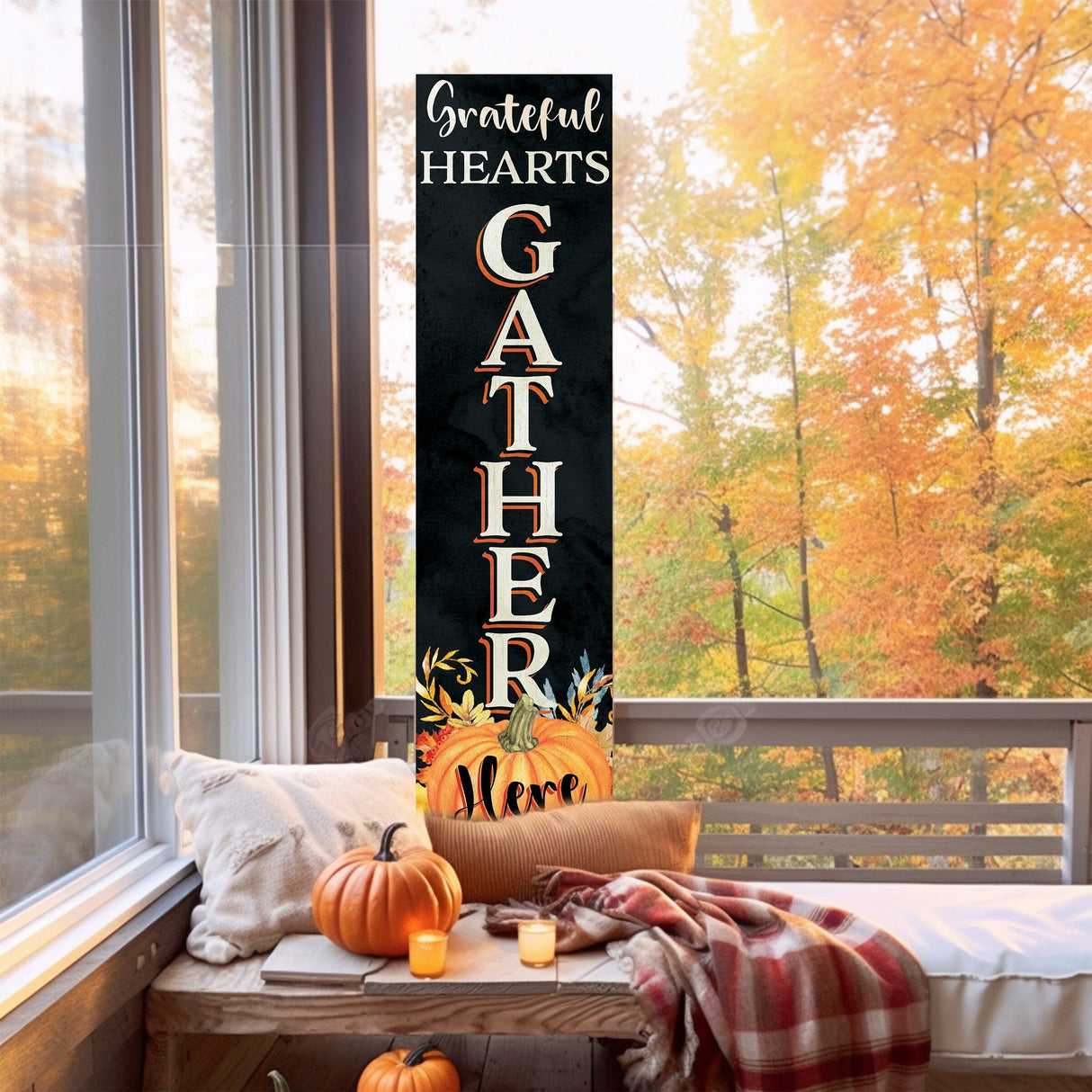 36in "Grateful Hearts Gather Here" Fall Porch Sign - Rustic Wooden Decor for Front Door Display during Autumn Celebrations