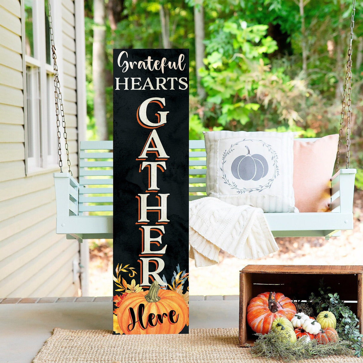 36in "Grateful Hearts Gather Here" Fall Porch Sign - Rustic Wooden Decor for Front Door Display during Autumn Celebrations