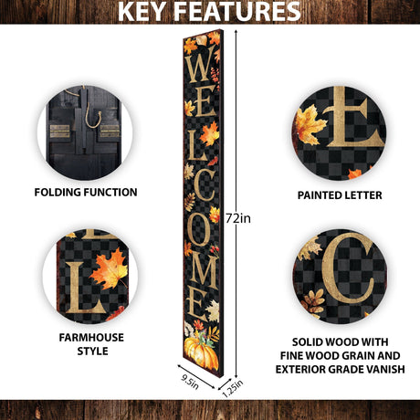 72in Fall Welcome Porch Sign - Foldable Front Porch Fall Welcome Sign with Vintage Autumn Decoration, Modern Farmhouse Entryway Porch Decor