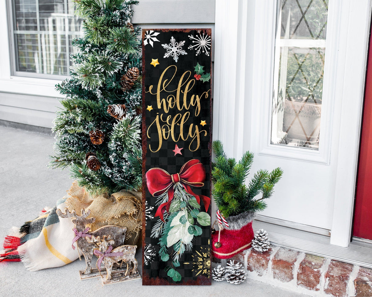 36in Holly Jolly Christmas Porch Sign - Front Porch Christmas Welcome Sign, Rustic Modern Farmhouse Entryway Board